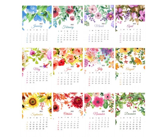 Watercolor Flowers Desktop Calendar 2022